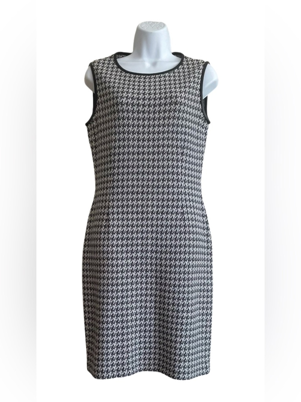St. John Sleeveless Sheath Dress w/ Leather Trim and Exposed Zipper Detail